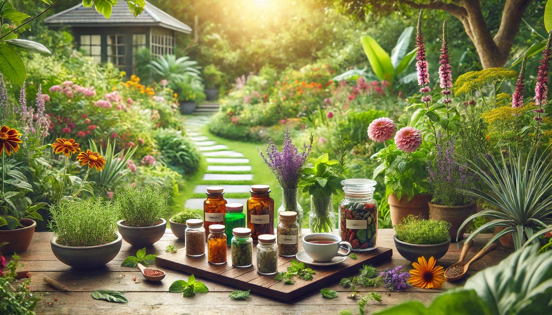 herbal garden with supplements and tea that promotes weight loss